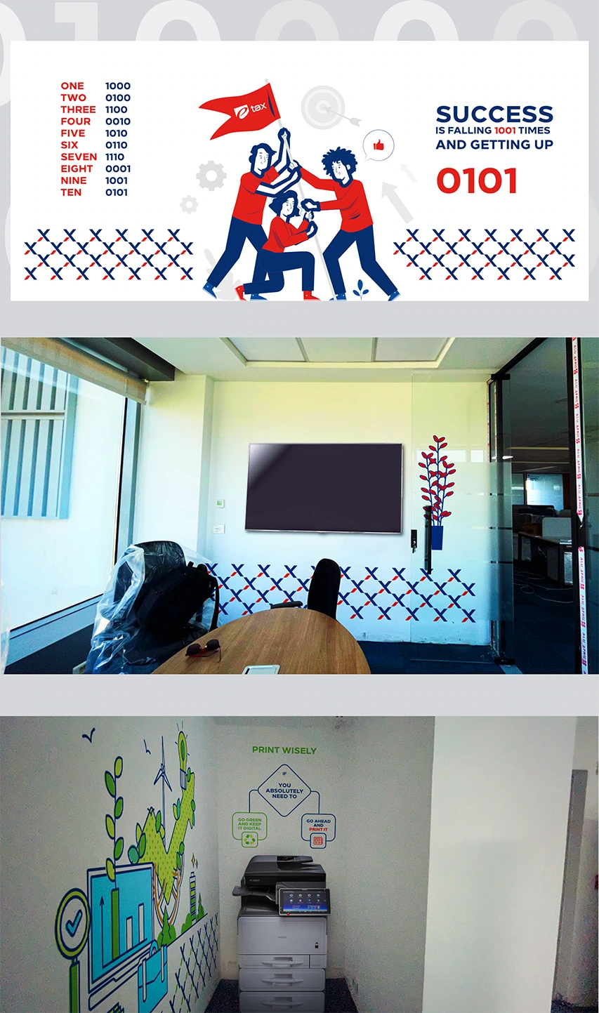 e-Tax office branding with a teamwork mural, meeting-room graphics and light-bulb illustration